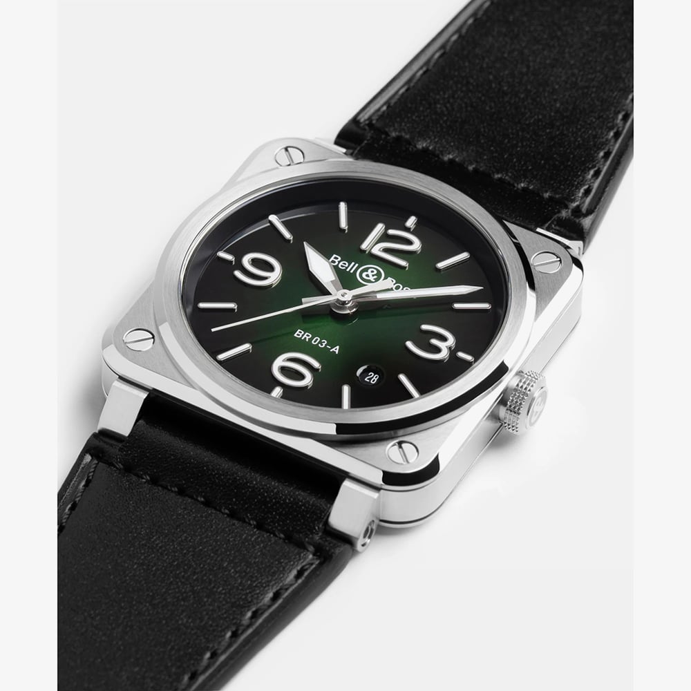 Bell & Ross Mens BR-03 Green Dial Leather Strap Watch BR03A-GN-ST/SCA