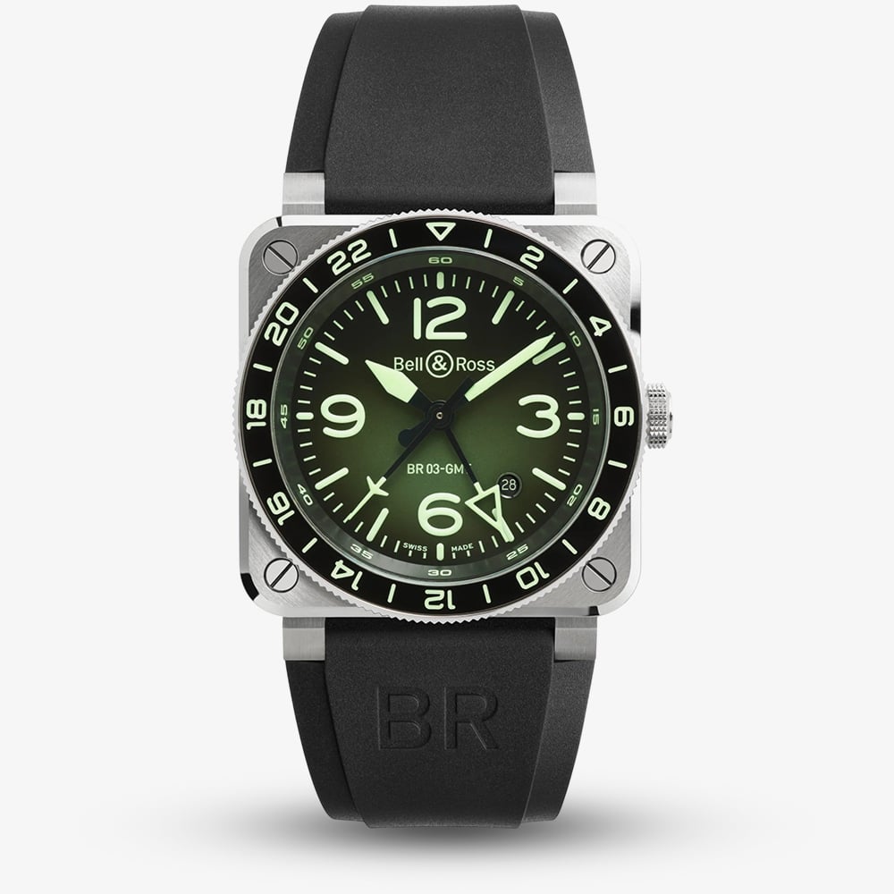Bell & Ross Mens Limited Edition BR-03 GMT Green Dial Rubber Strap Watch BR0393-GN-ST/SRB