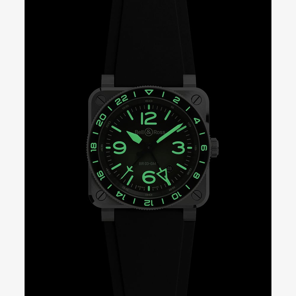 Bell & Ross Mens Limited Edition BR-03 GMT Green Dial Rubber Strap Watch BR0393-GN-ST/SRB