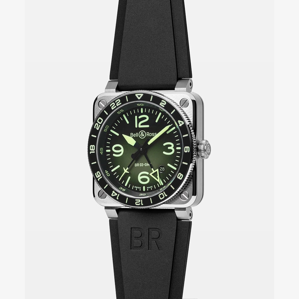 Bell & Ross Mens Limited Edition BR-03 GMT Green Dial Rubber Strap Watch BR0393-GN-ST/SRB