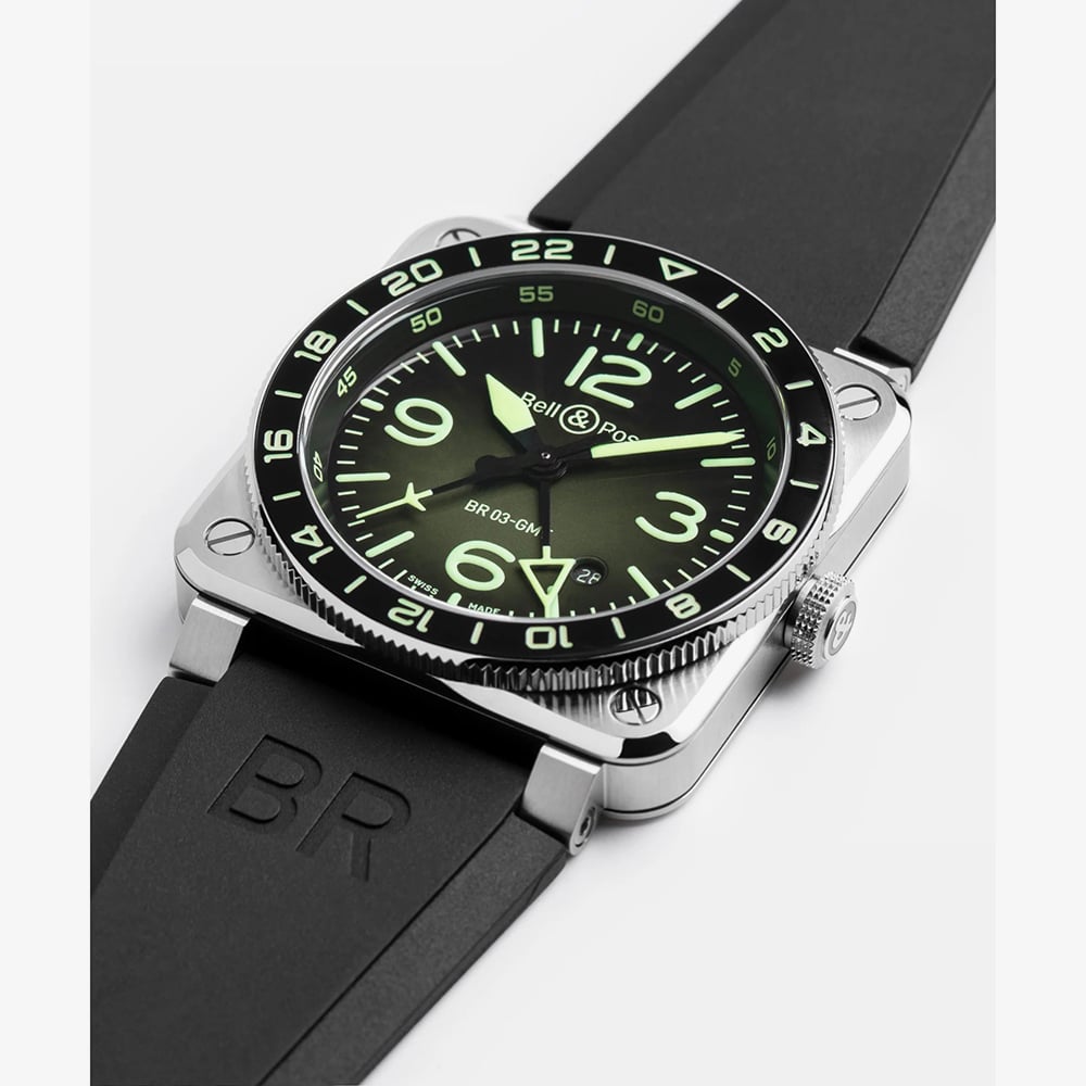 Bell & Ross Mens Limited Edition BR-03 GMT Green Dial Rubber Strap Watch BR0393-GN-ST/SRB
