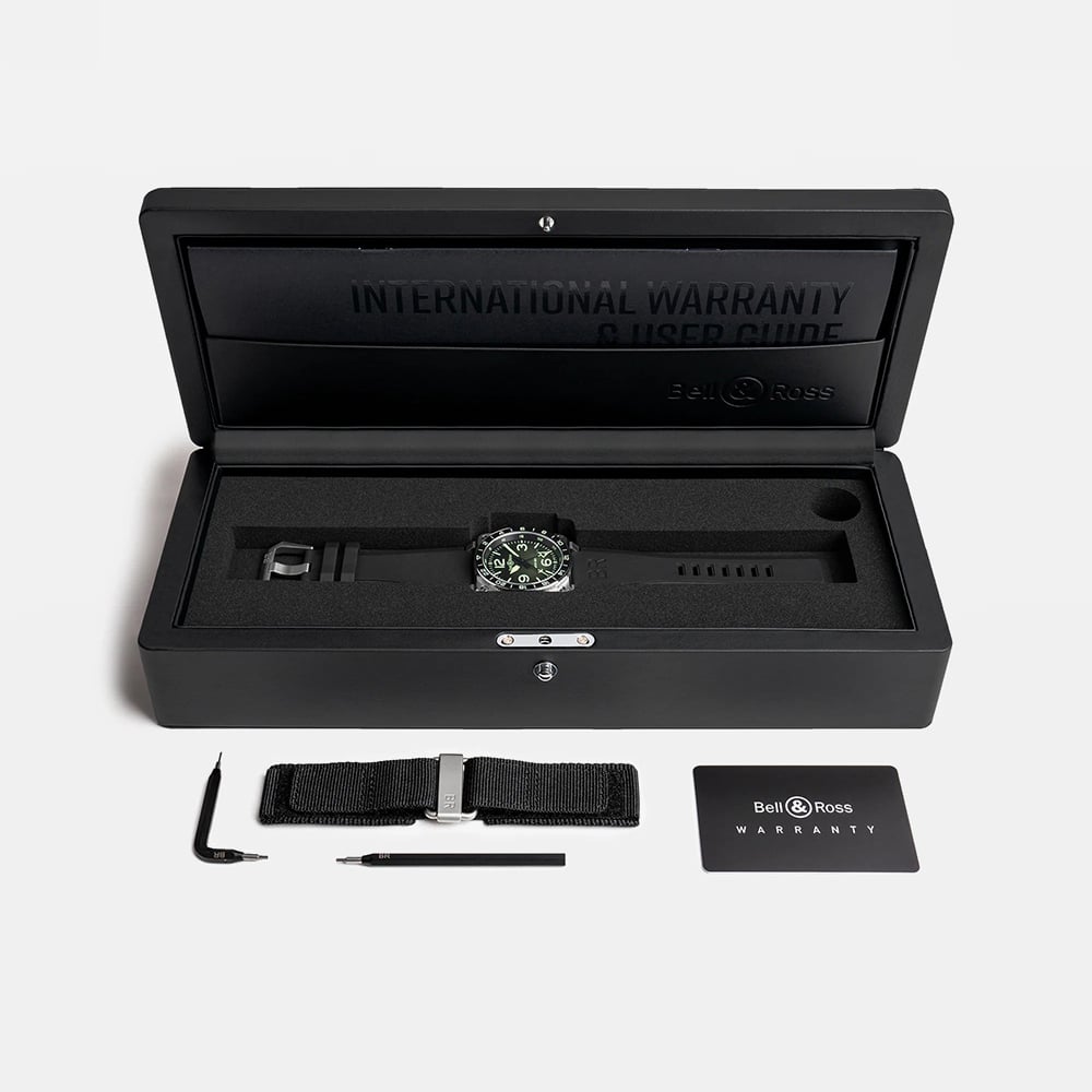 Bell & Ross Mens Limited Edition BR-03 GMT Green Dial Rubber Strap Watch BR0393-GN-ST/SRB
