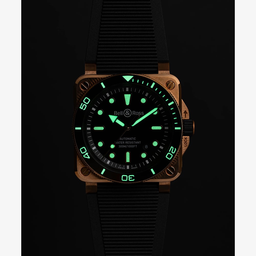 Bell & Ross Mens Limited Edition BR-03 Diver Bronze Case Rubber Strap Watch BR03A-D-BL-BR/SRB
