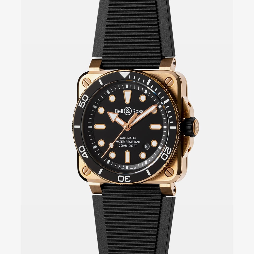 Bell & Ross Mens Limited Edition BR-03 Diver Bronze Case Rubber Strap Watch BR03A-D-BL-BR/SRB