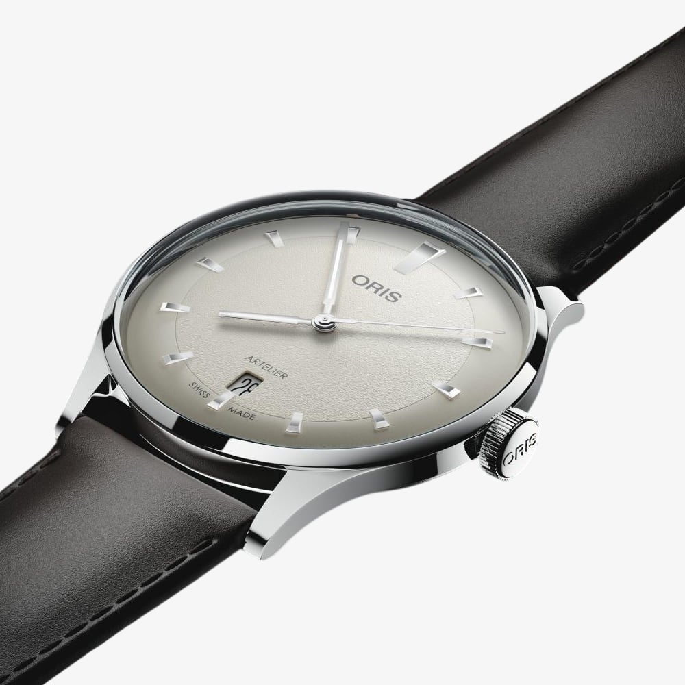 Oris Mens Artelier Date White Dial Dark Brown Leather Strap Watch 01 733 7810 4051-07 6 20 17FC