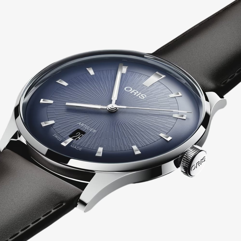 Oris Mens Artelier Date Blue Dial Dark Brown Leather Strap Watch 01 733 7810 4055-07 6 20 17FC