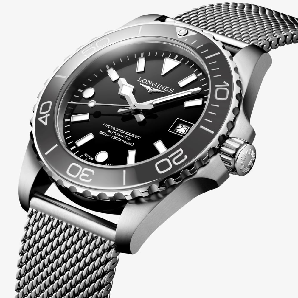 Longines Mens Hydroconquest Automatic Black Dial Mesh Bracelet Watch L3.779.4.70.6
