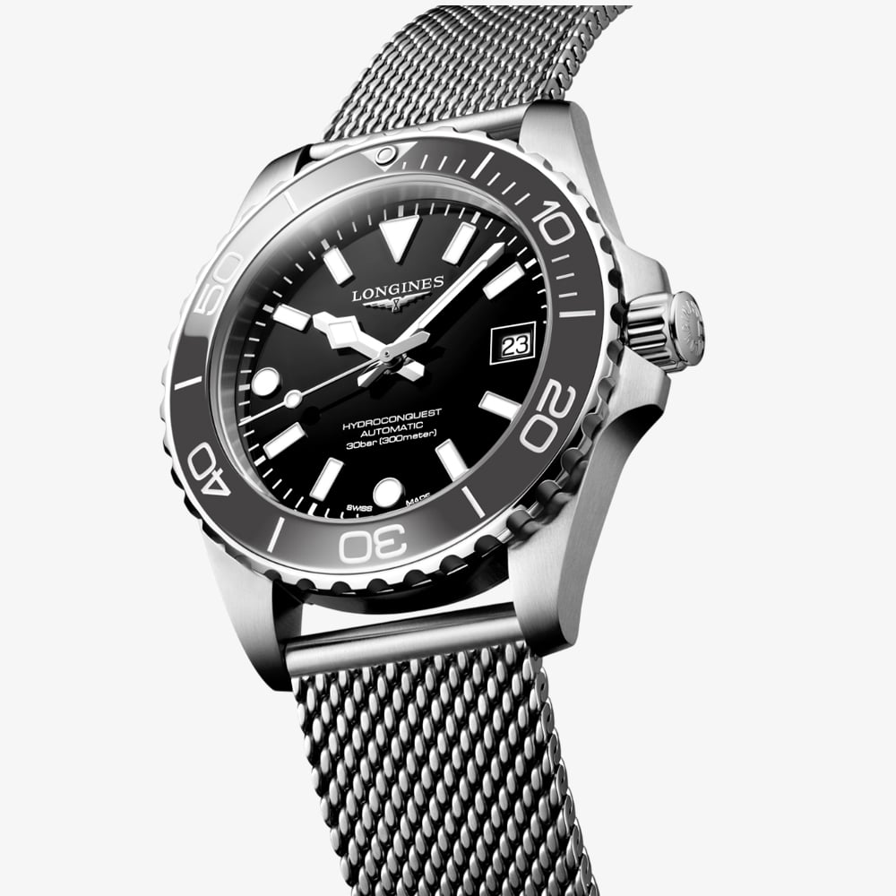 Longines Mens Hydroconquest Automatic Black Dial Mesh Bracelet Watch L3.779.4.70.6