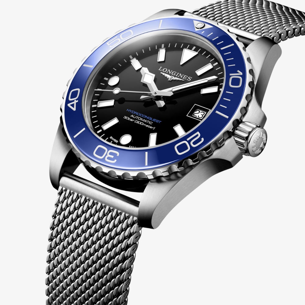 Longines Mens Hydroconquest Automatic 39mm Black Dial Mesh Bracelet Watch L3.779.4.90.6