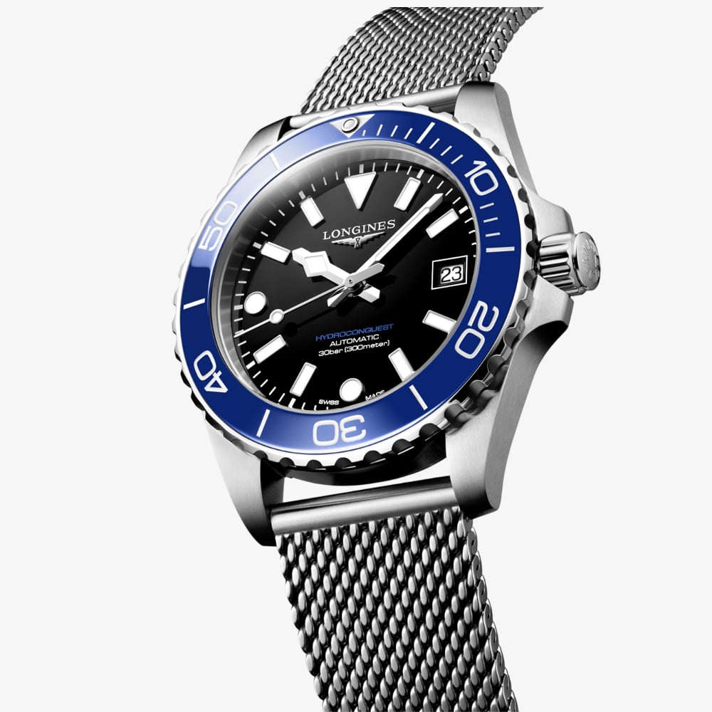 Longines Mens Hydroconquest Automatic 39mm Black Dial Mesh Bracelet Watch L3.779.4.90.6