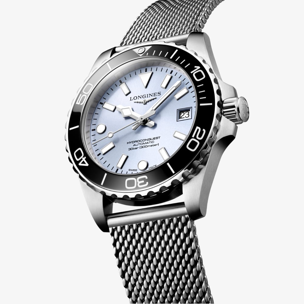 Longines Mens Hydroconquest Automatic Ice Blue Dial Mesh Bracelet Watch L3.779.4.99.6