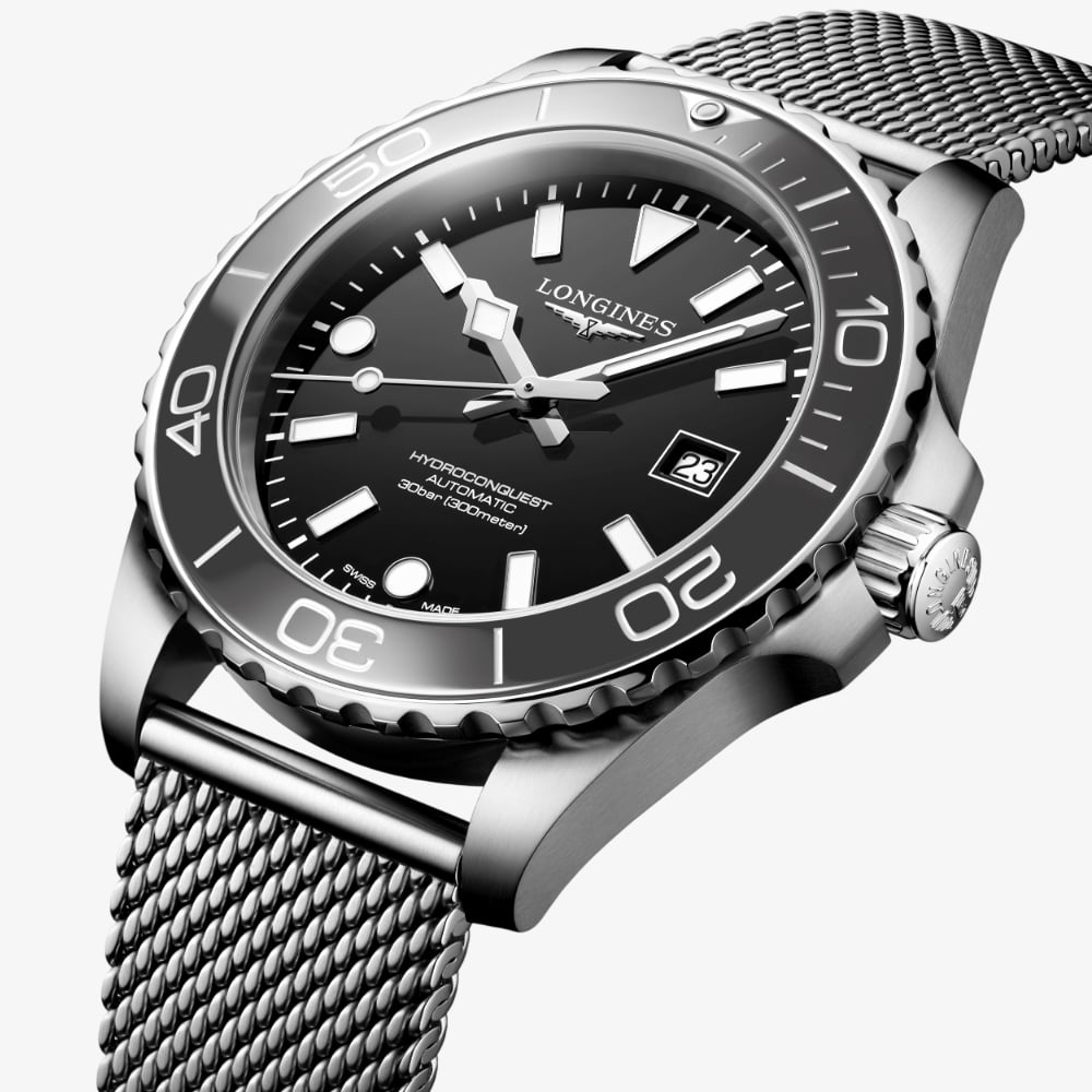 Longines Mens Hydroconquest Automatic 42mm Black Dial Mesh Bracelet Watch L3.788.4.70.6