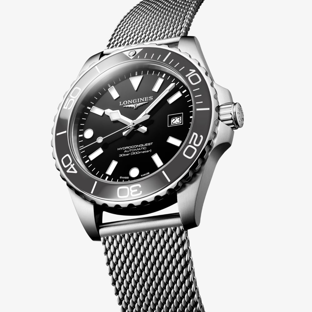 Longines Mens Hydroconquest Automatic 42mm Black Dial Mesh Bracelet Watch L3.788.4.70.6