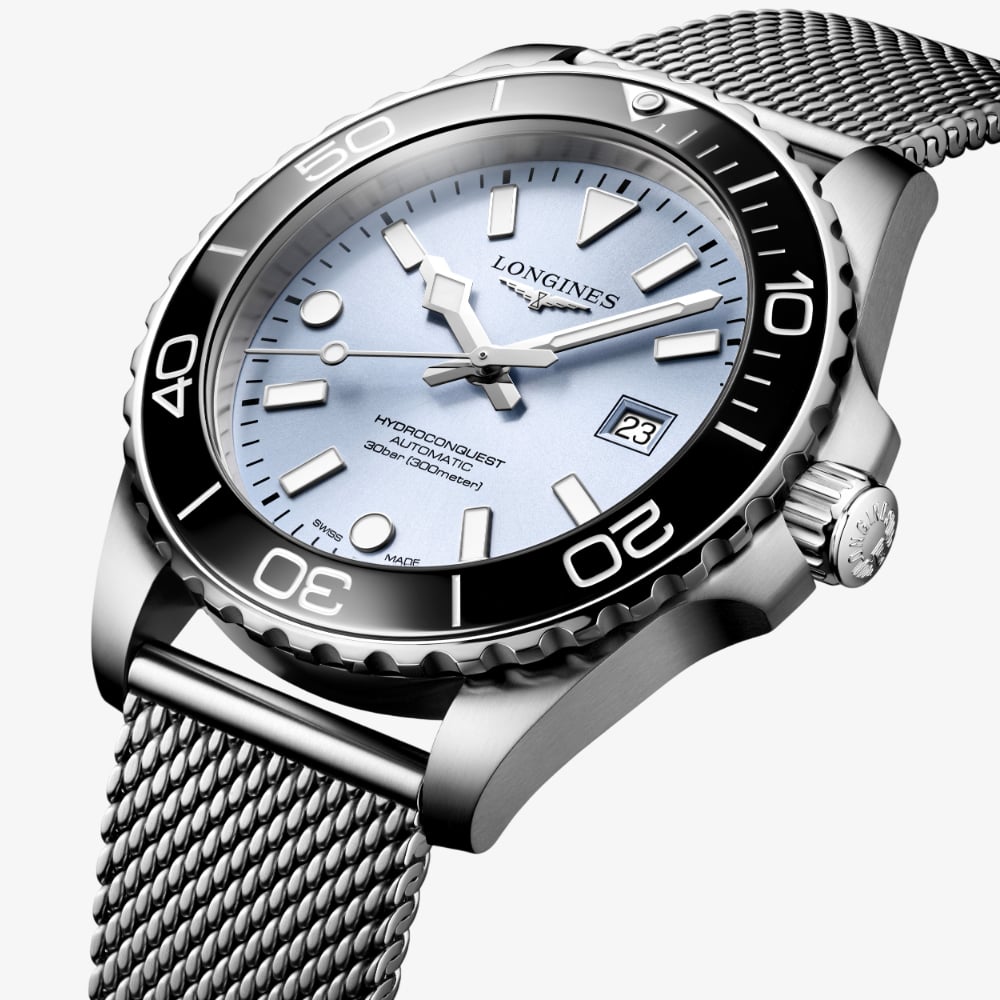 Longines Mens Hydroconquest Automatic 42mm Ice Blue Dial Mesh Bracelet Watch L3.788.4.99.6