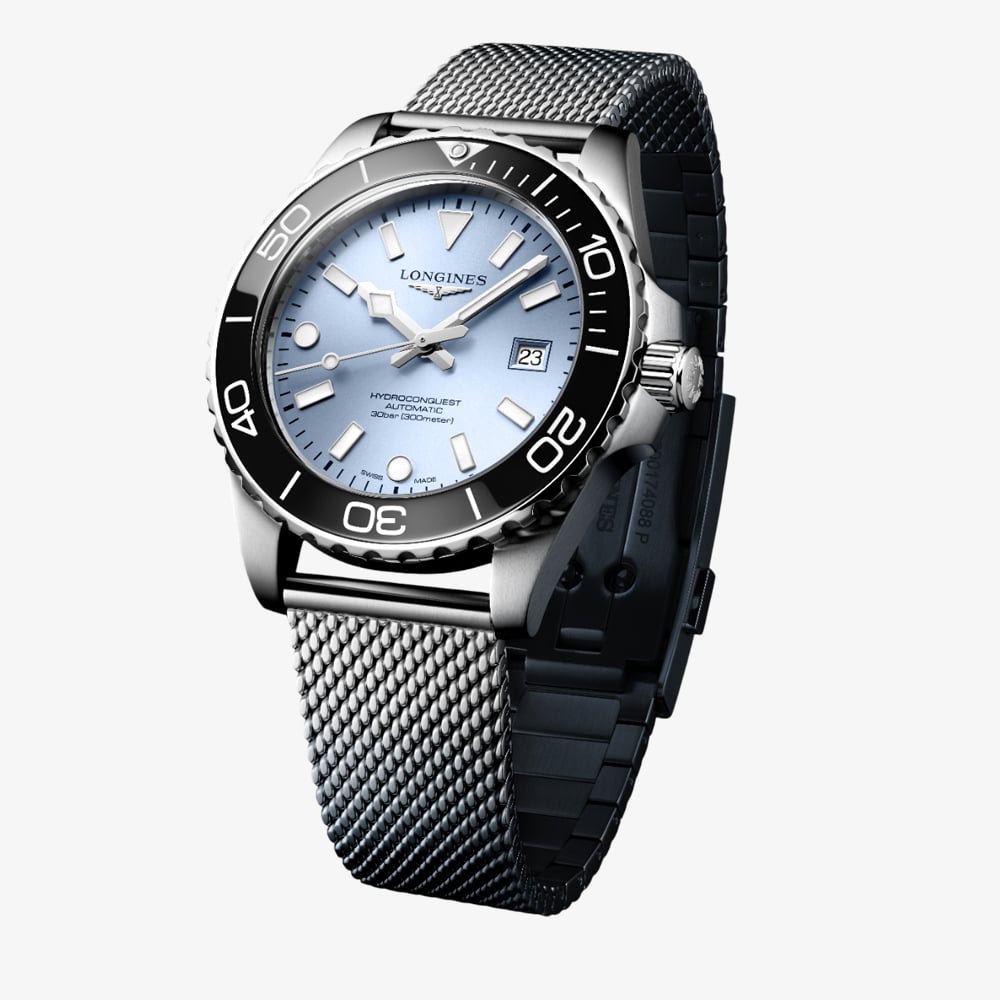 Longines Mens Hydroconquest Automatic 42mm Ice Blue Dial Mesh Bracelet Watch L3.788.4.99.6