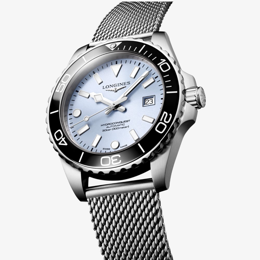 Longines Mens Hydroconquest Automatic 42mm Ice Blue Dial Mesh Bracelet Watch L3.788.4.99.6