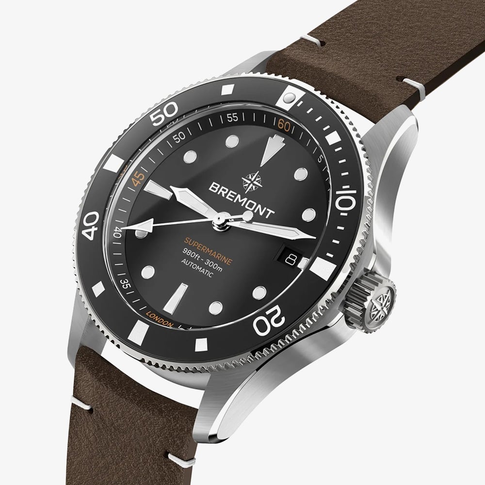 Bremont Mens Supermarine 300m Black & Brown Leather Strap Watch SM40-DT-SS-BK-L-S