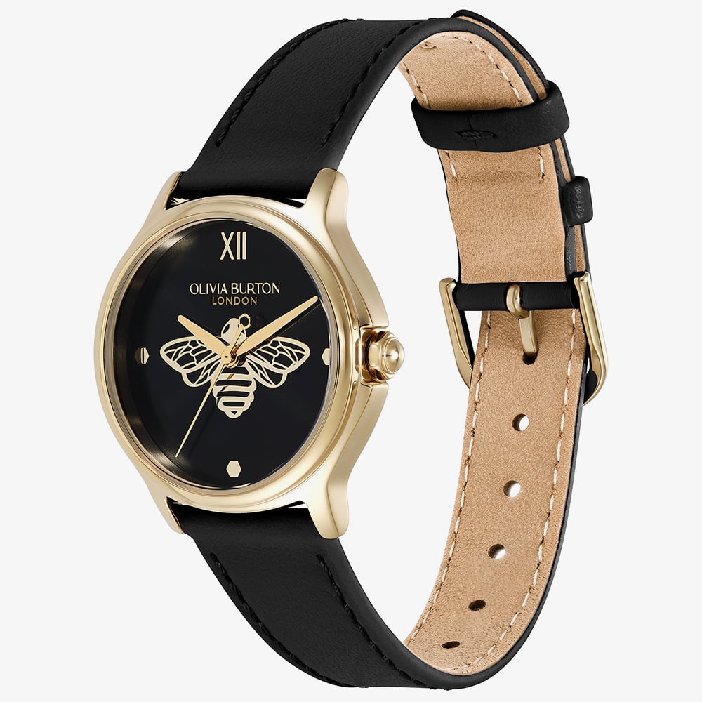 Olivia Burton Ladies Classic Bee Black Leather Strap Watch 24000344