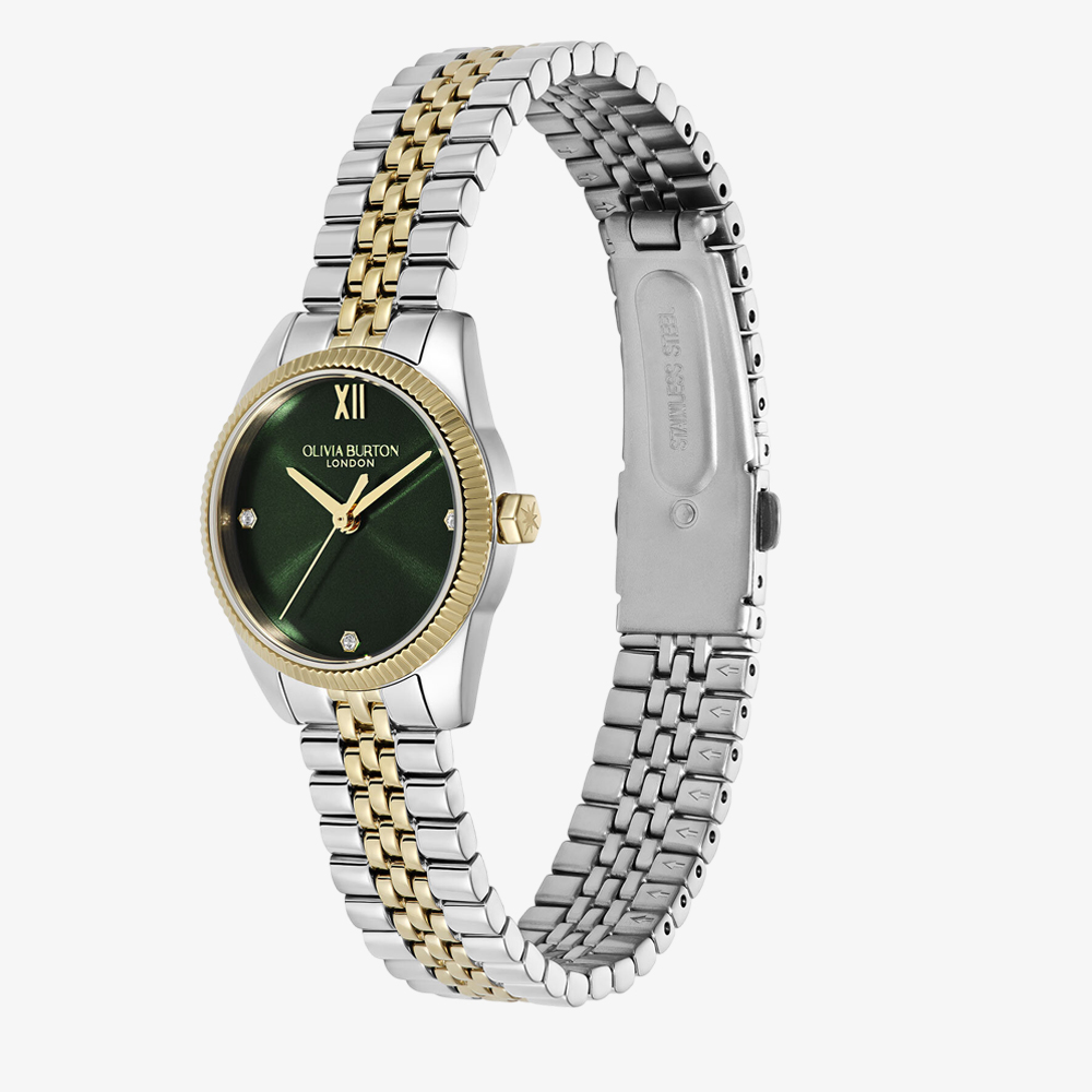 Olivia Burton Ladies Highbury Green Dial Two-Tone Stainless Steel Bracelet Watch 24000387