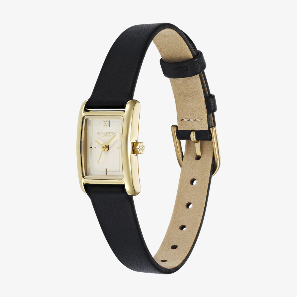 Olivia Burton Ladies Mini Grove Ivory Dial Black Leather Strap Watch 24000437