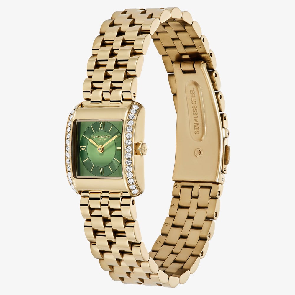 Olivia Burton Ladies Berkley Green Dial Square Golden Bracelet Watch 24000382