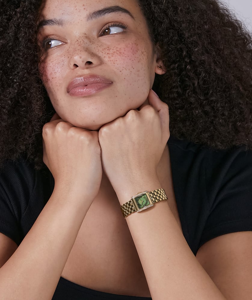 Olivia Burton Ladies Berkley Green Dial Square Golden Bracelet Watch 24000382