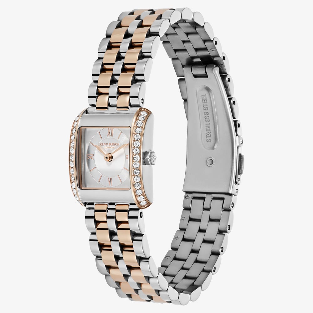 Olivia Burton Ladies Berkley Silver Dial Square Two Tone Bracelet Watch S/S 24000384