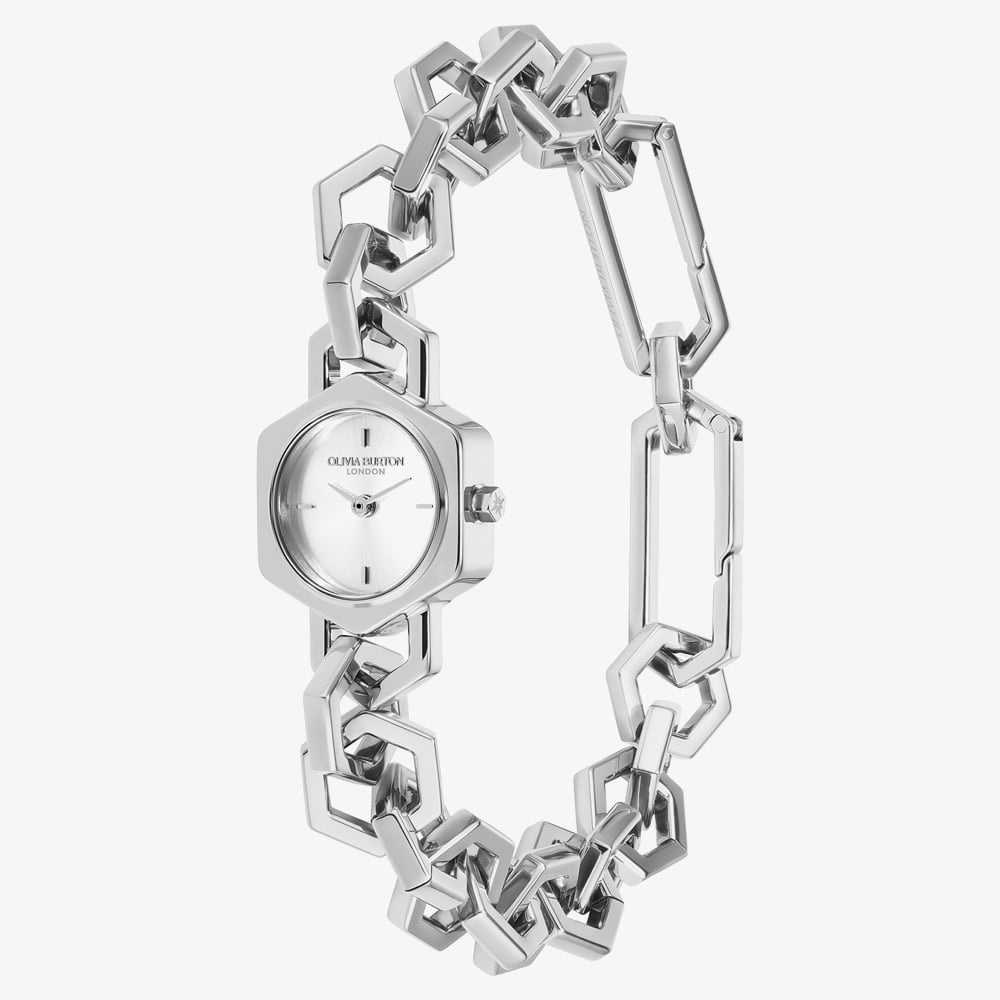 Olivia Burton Ladies Hex Link Mini Silver Hexagon Dial Bracelet Watch 24000393