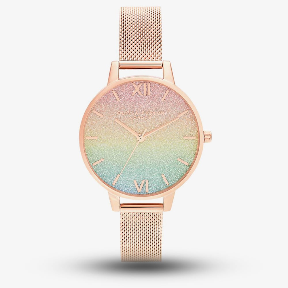House of Watches - Olivia Burton Ladies RainBow Rose Gold Mesh Bracelet Glitter Dial Watch OB16RB18