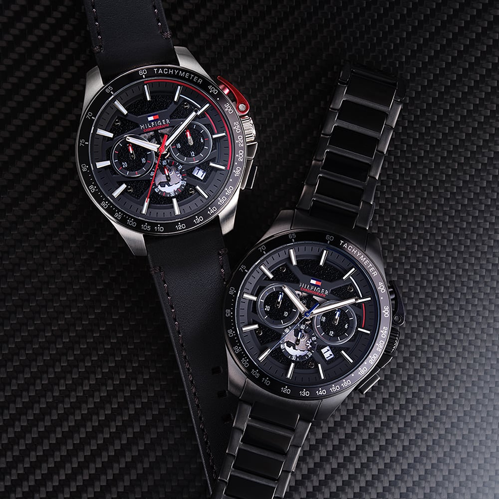 Tommy Hilfiger Mens Bank Skeleton Chronograph Black Leather Strap Watch 1792258