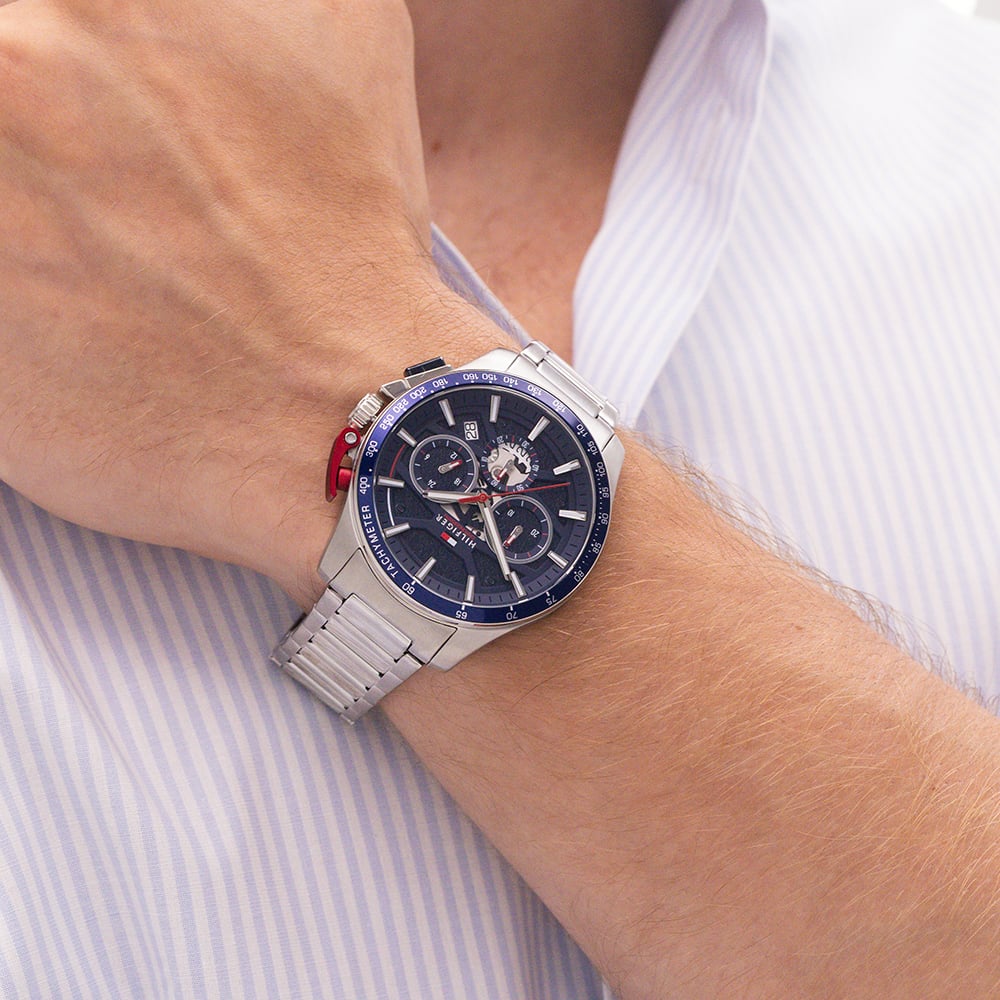Tommy Hilfiger Mens Bank Skeleton Chronograph Blue Bracelet Watch 1792261