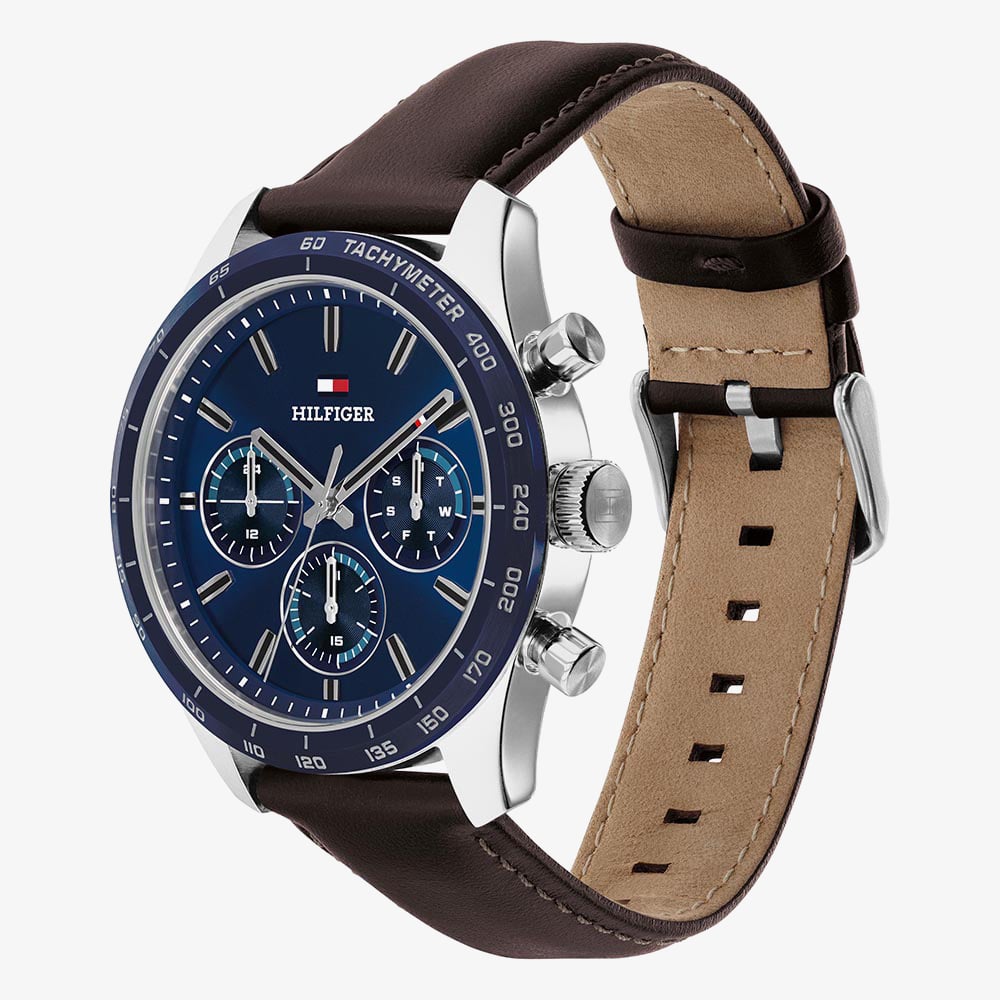 Tommy Hilfiger Mens Hampton Blue Dial Leather Strap Watch 1792276