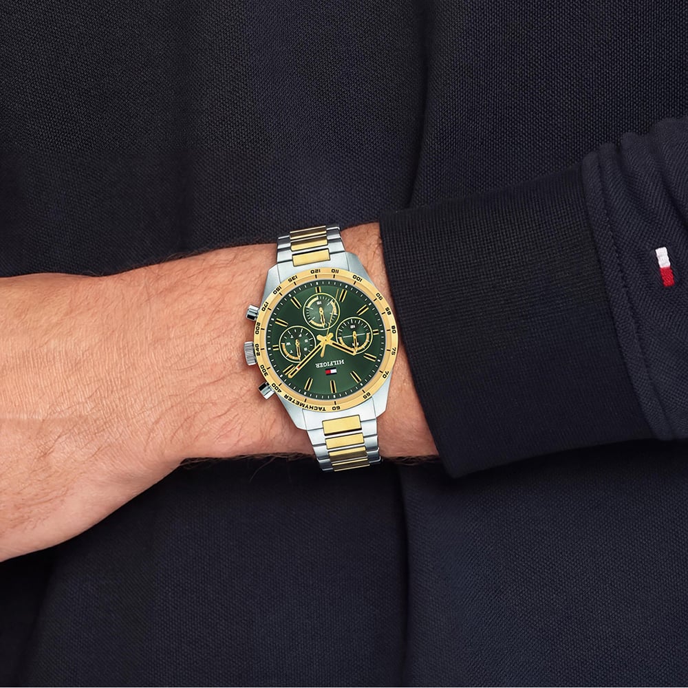 Tommy Hilfiger Mens Hampton Two Tone Green Dial Bracelet Watch 1792279