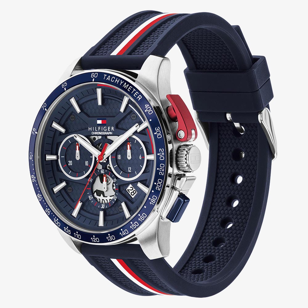 Tommy Hilfiger Mens Bank Chronograph Blue Dial Silicone Strap Watch 1792292