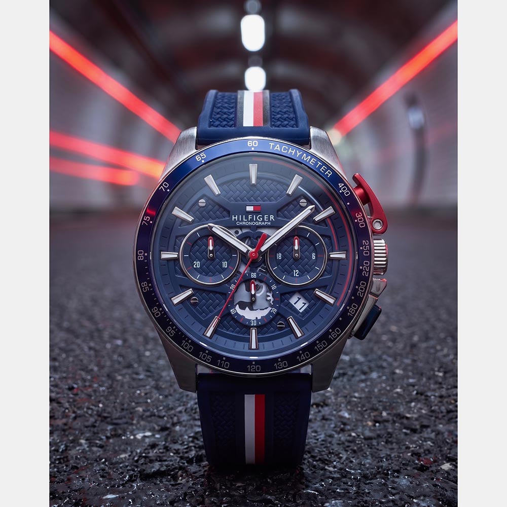 Tommy Hilfiger Mens Bank Chronograph Blue Dial Silicone Strap Watch 1792292