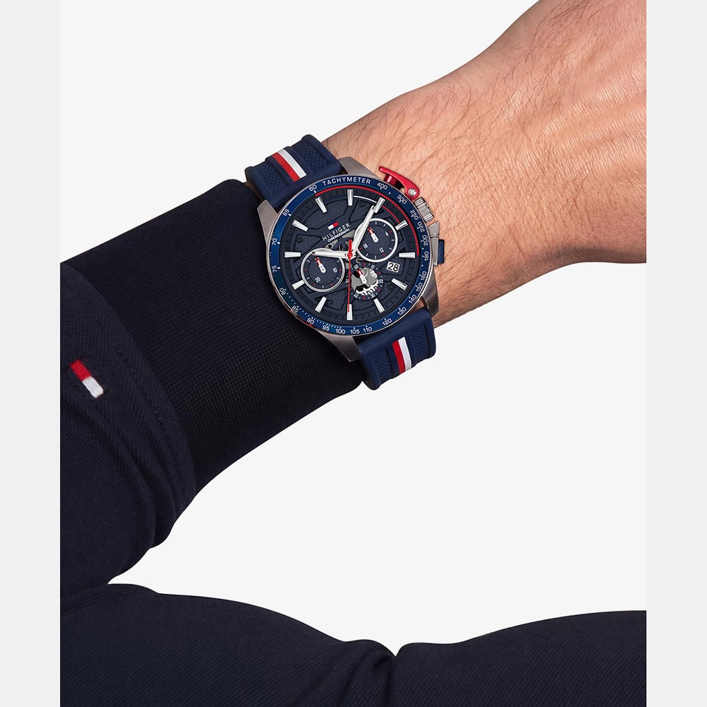Tommy Hilfiger Mens Bank Chronograph Blue Dial Silicone Strap Watch 1792292