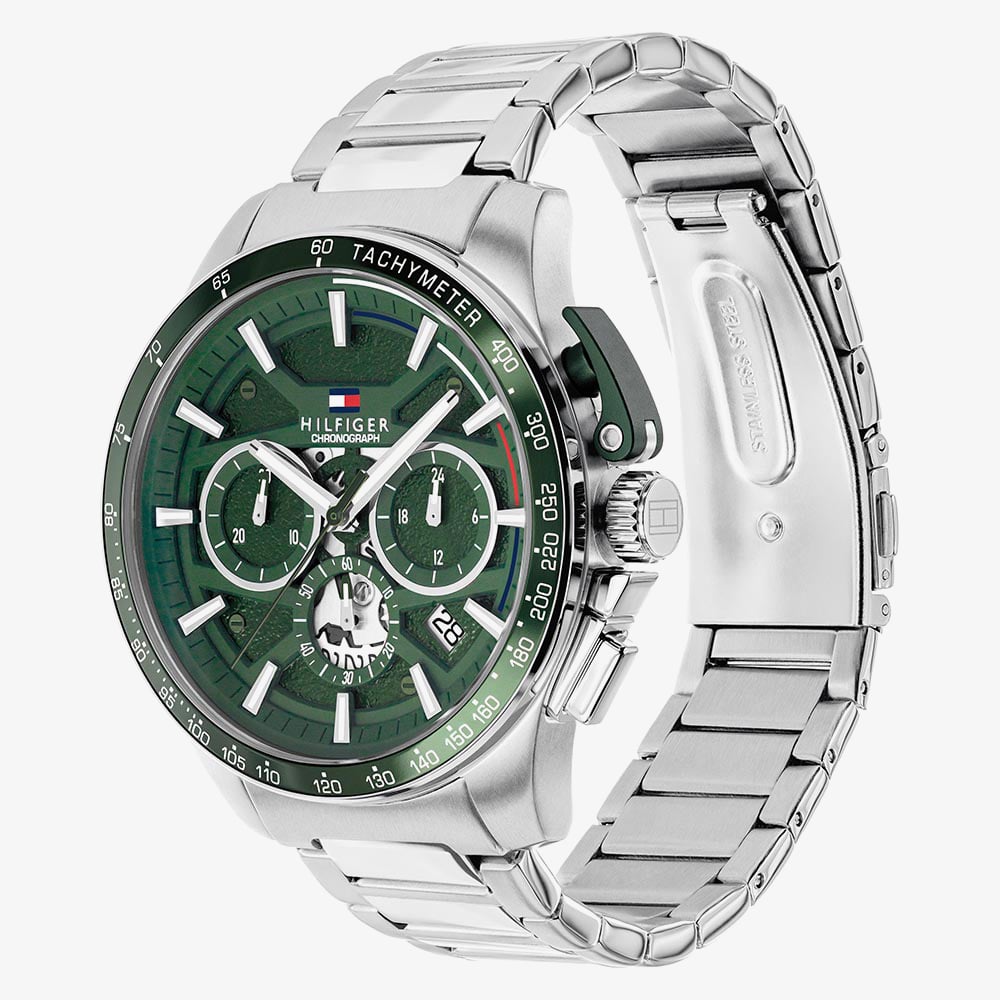 Tommy Hilfiger Mens Bank Chronograph Green Dial Bracelet Watch 1792293