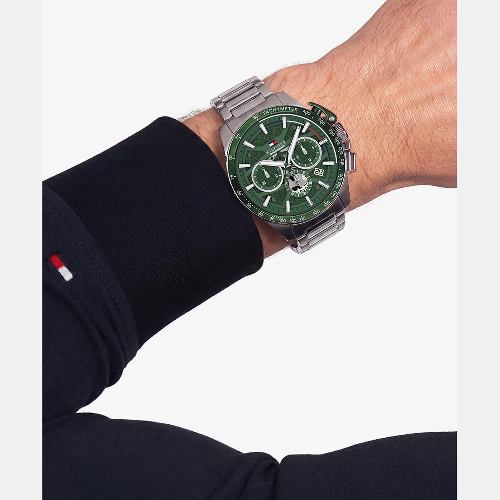 Tommy Hilfiger Mens Bank Chronograph Green Dial Bracelet Watch 1792293