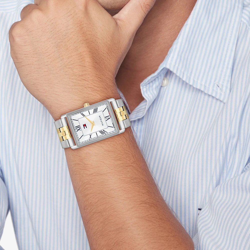 Tommy Hilfiger Mens Ben Rectangle Silver Dial Two Tone Bracelet Watch 1710774