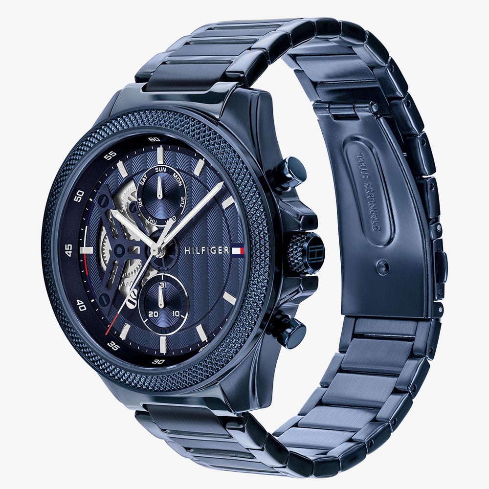Tommy Hilfiger Mens Clark Blue Skeleton Dial Bracelet Watch 1792288