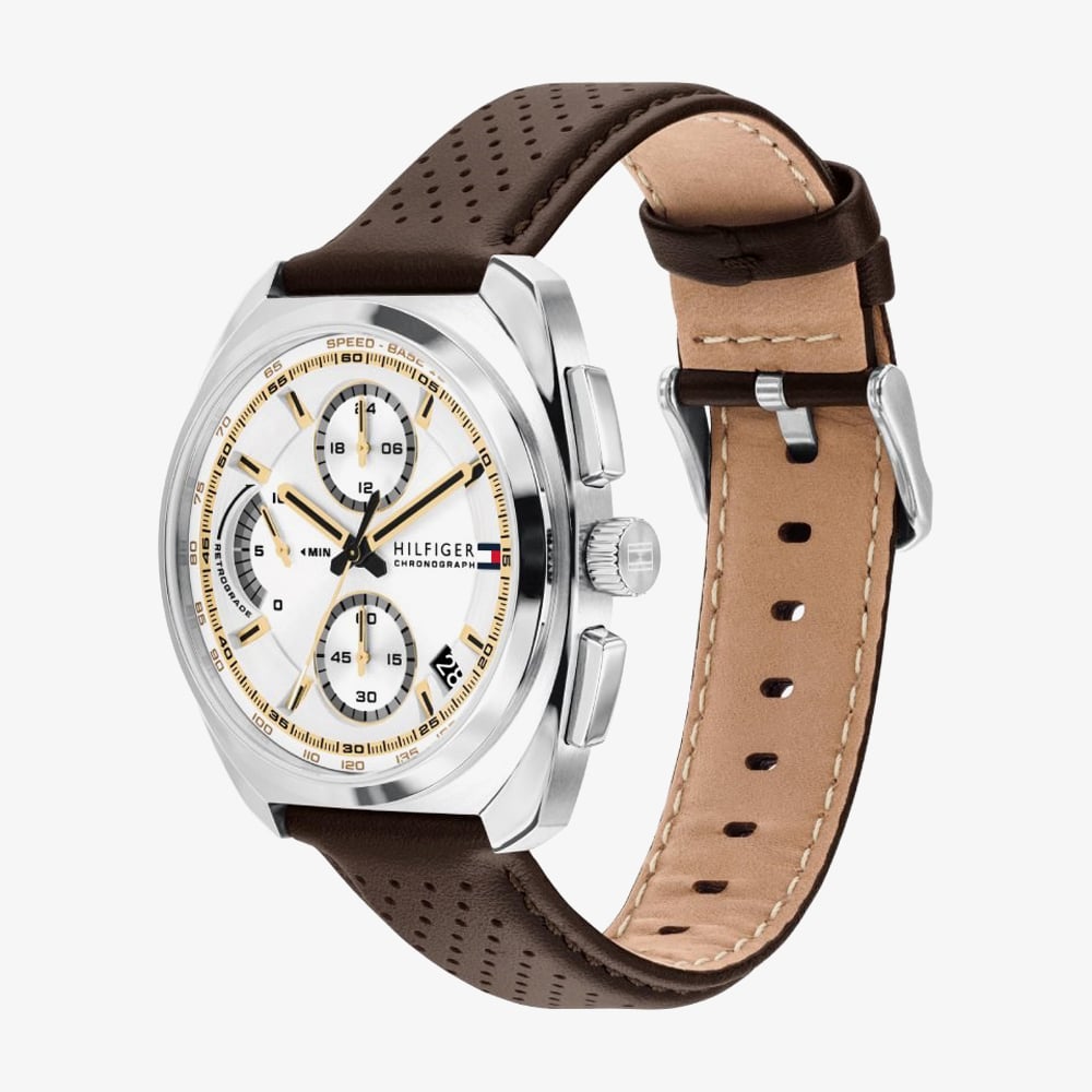 Tommy Hilfiger Mens Cole Chronograph White Dial Leather Strap Watch 1792270