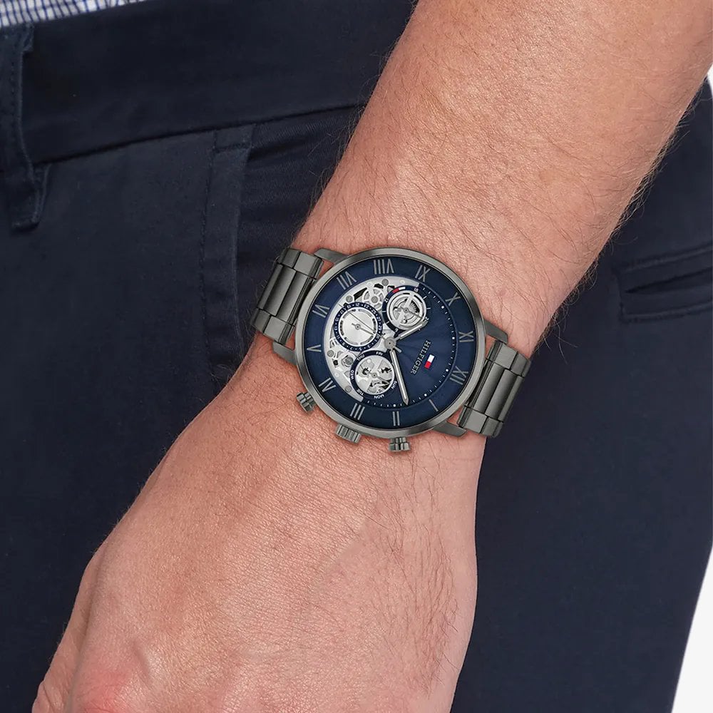 Tommy Hilfiger Mens Legend Half Skeleton Dial Bracelet Watch 1710707
