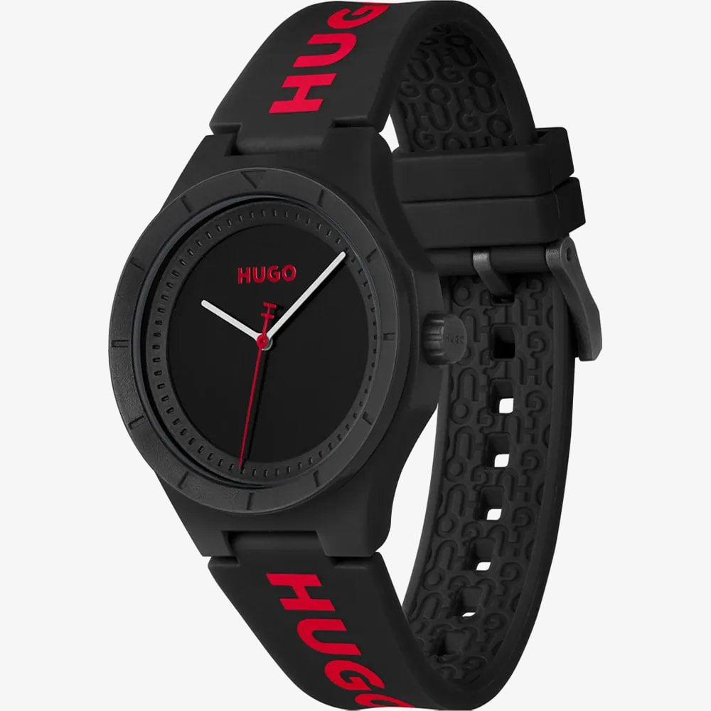 HUGO Mens #Lit Black Dial Rubber Strap Watch 1530343