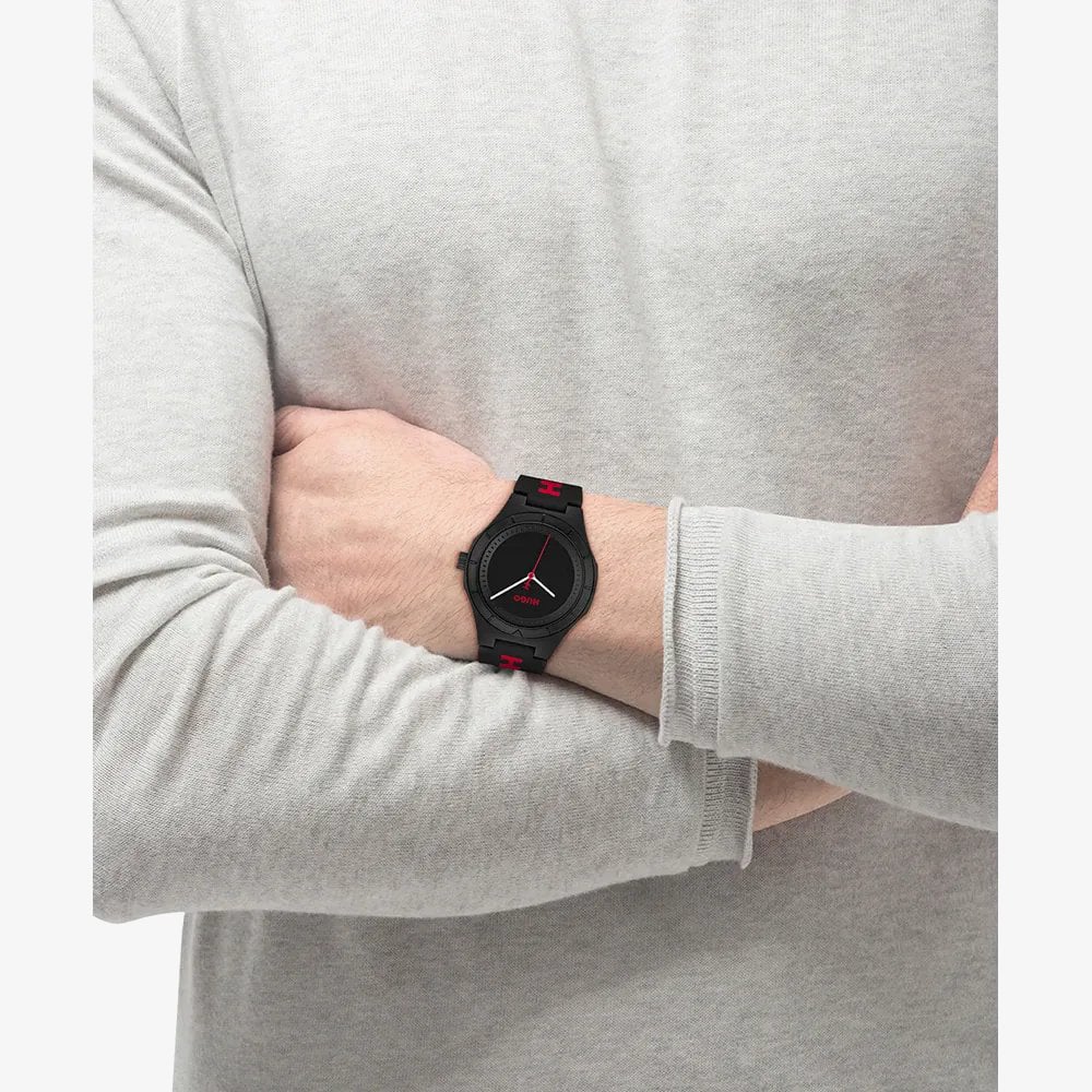 HUGO Mens #Lit Black Dial Rubber Strap Watch 1530343