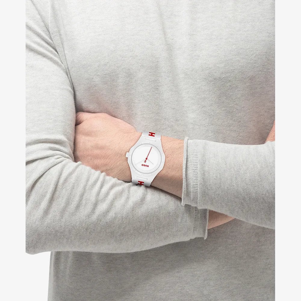 HUGO Mens #Lit White Dial Rubber Strap Watch 1530345
