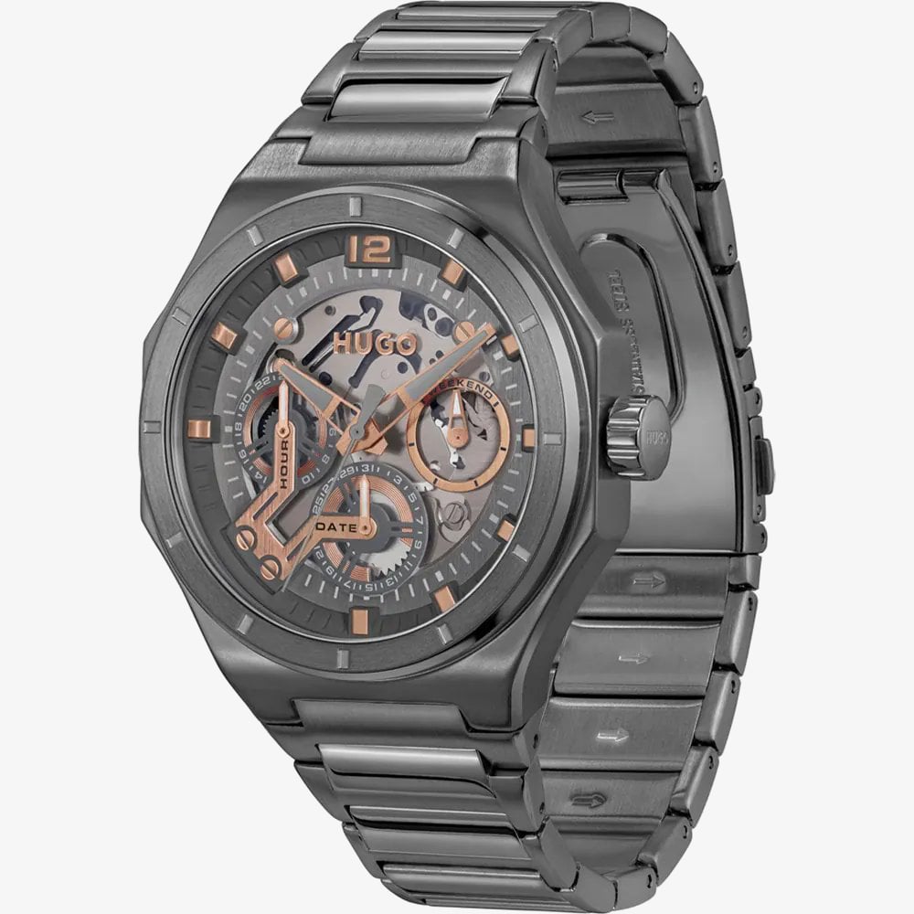 HUGO Mens #Grail Skeleton Dial Grey Bracelet Watch 1530378