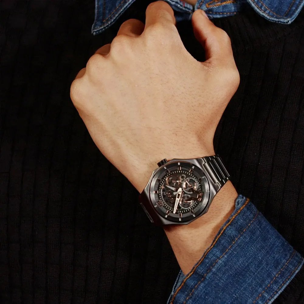 HUGO Mens #Grail Skeleton Dial Grey Bracelet Watch 1530378