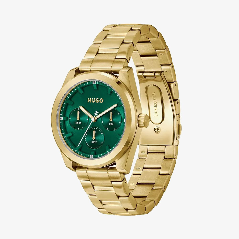 HUGO Mens #Bright Sport Green Dial Golden Bracelet Watch 1530425
