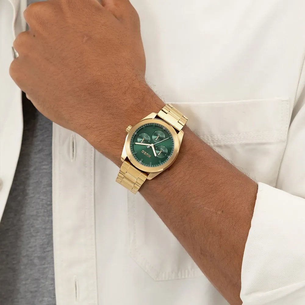 HUGO Mens #Bright Sport Green Dial Golden Bracelet Watch 1530425