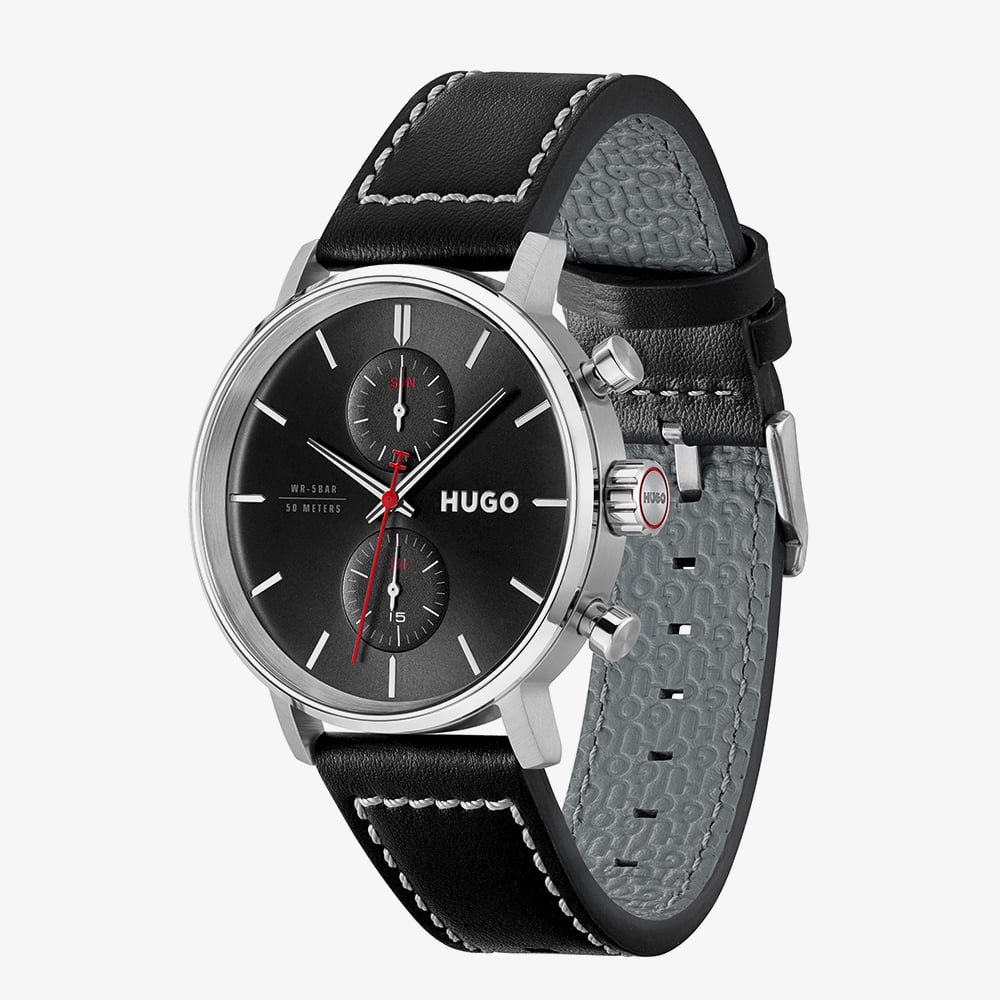 HUGO Mens #TakeOff Black Dial Leather Strap Watch 1530465